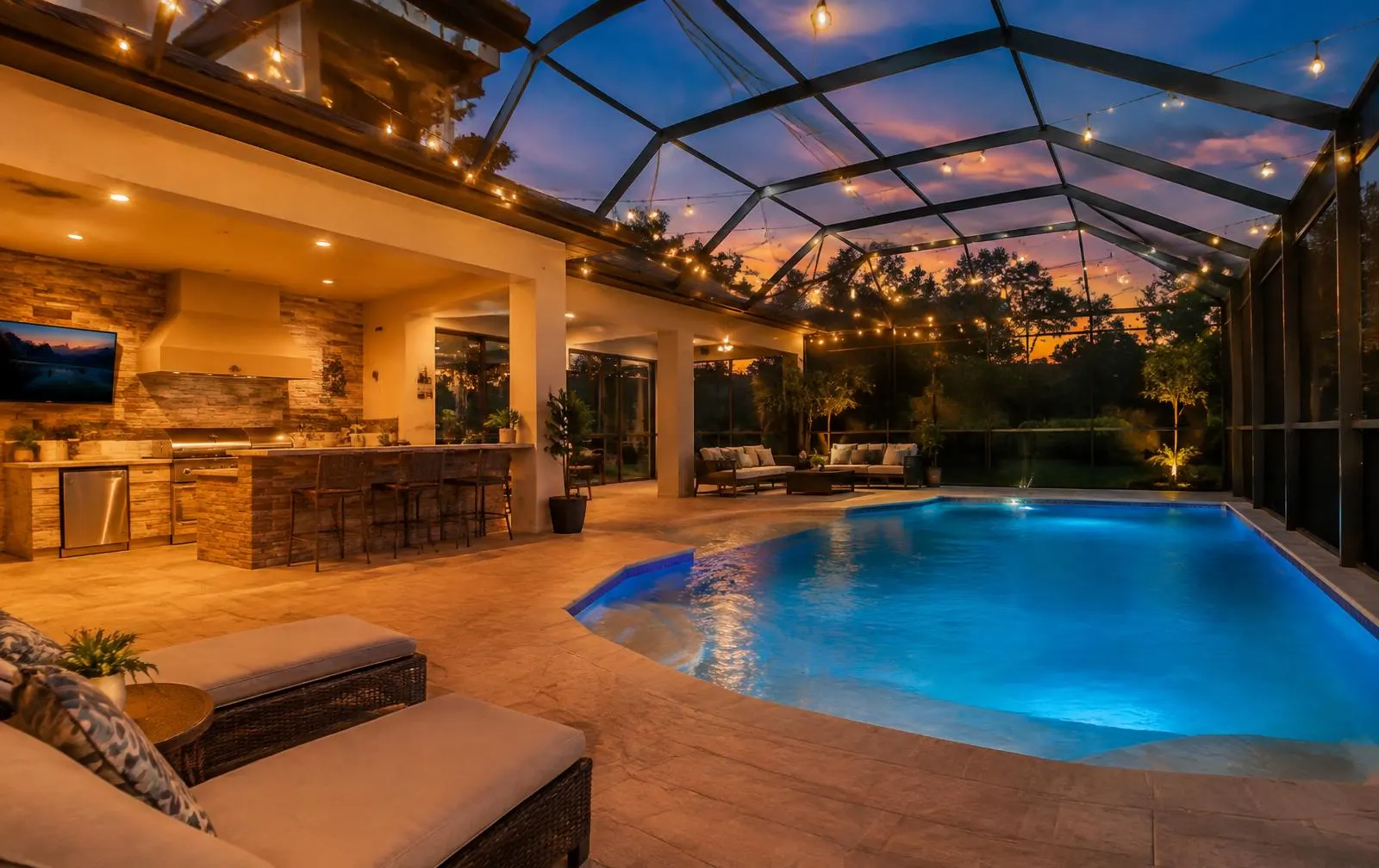 Screened pool enclosure with outdoor kitchen and lounge seating at dusk