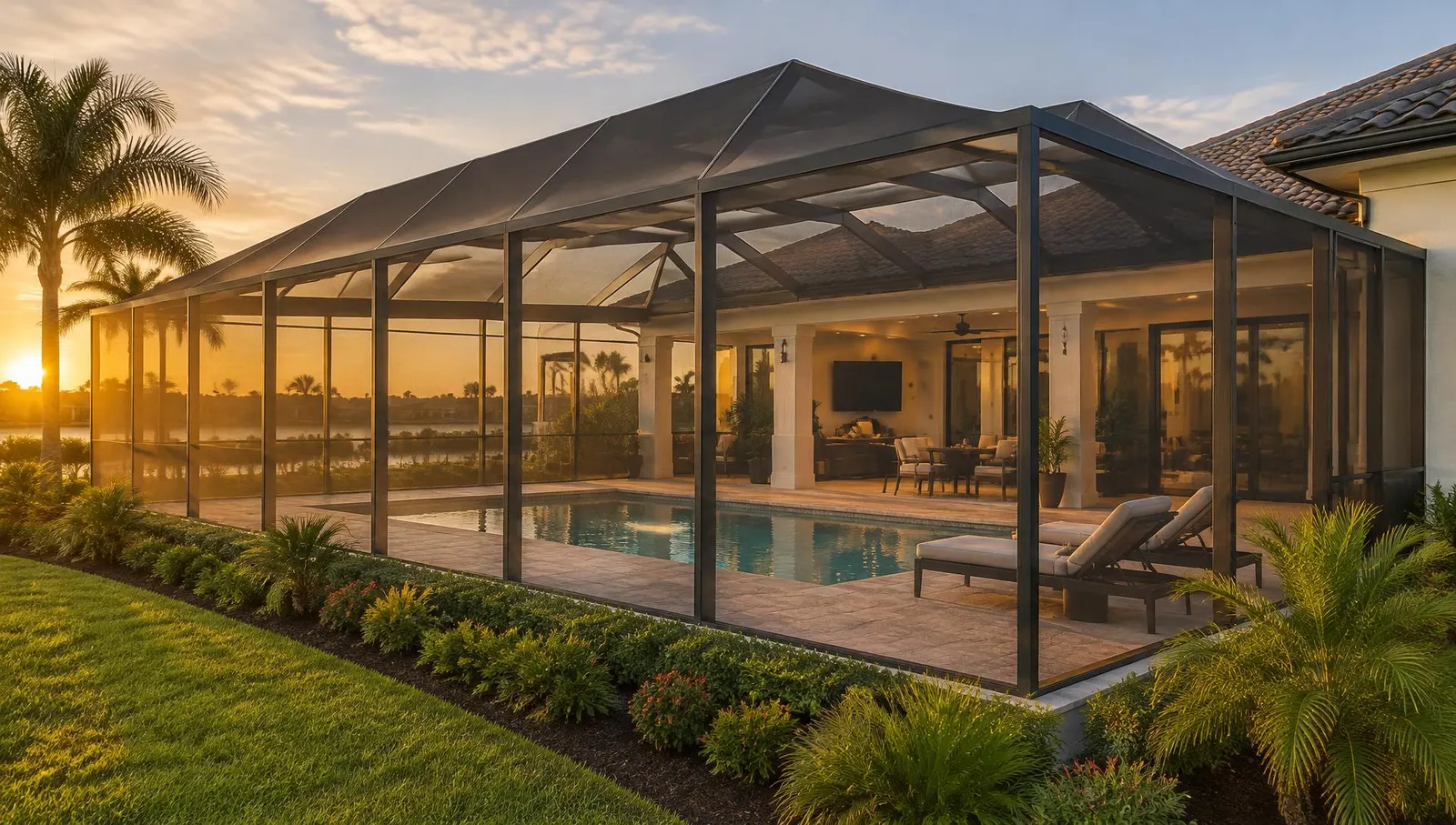 Screened pool enclosure behind a Florida home at sunset